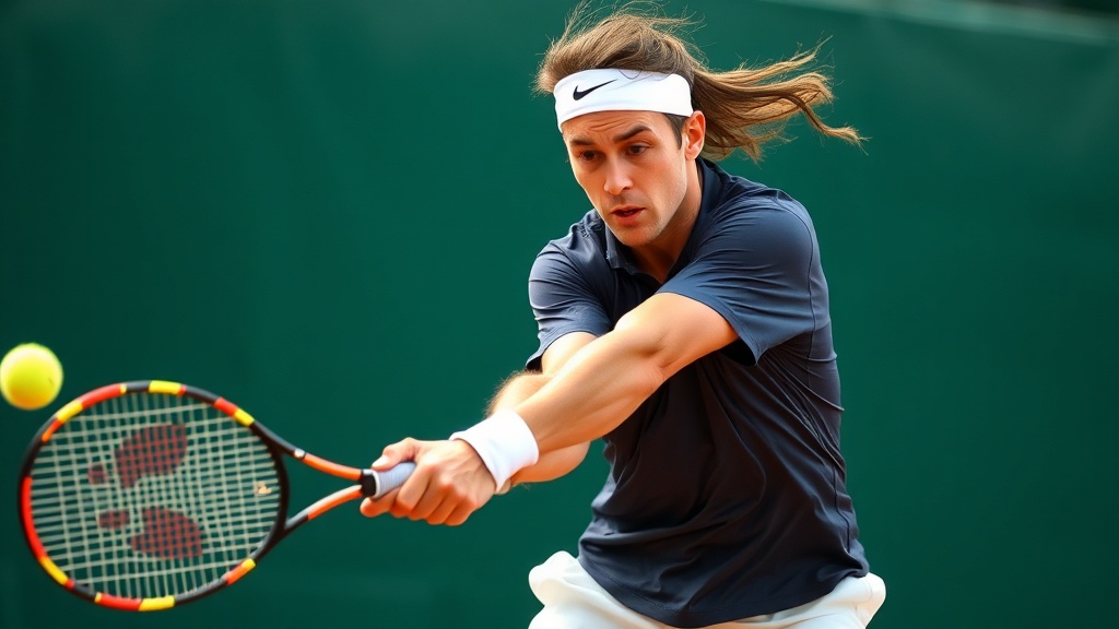 강력한 베이스라인 스트로크를 구사하며 라켓의 원심력을 활용하는 테니스 선수의 역동적인 모습