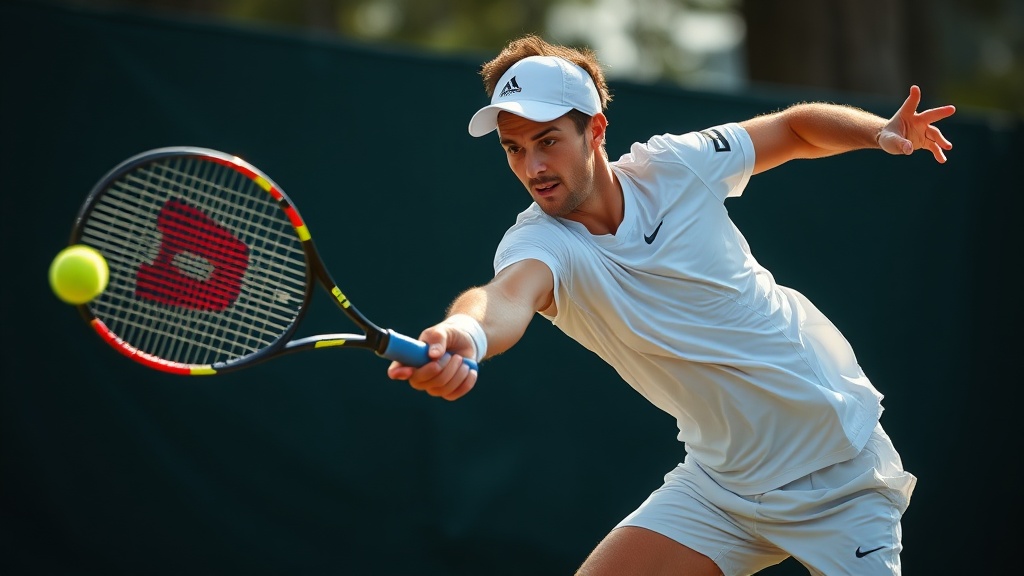 테니스 선수가 강력한 포핸드 스윙을 하는 역동적인 모습