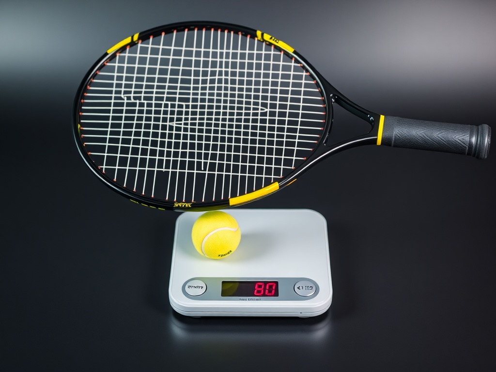 디지털 저울 위에 놓인 테니스 라켓의 정적 무게를 측정하는 모습